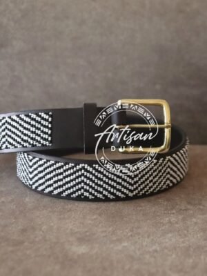 Elegant Black and White Zigzag Beaded Belt - Handmade Leather Belt Elegant Black and White Zigzag Beaded Belt - Handmade Leather Belt