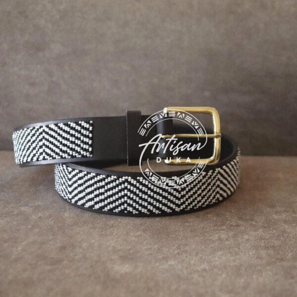 Elegant Black and White Zigzag Beaded Leather Belt