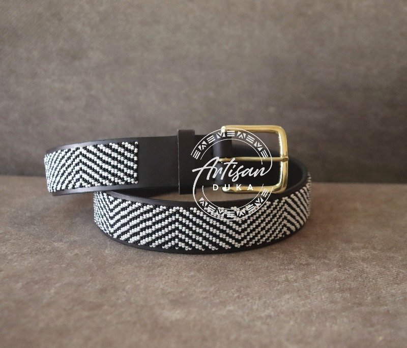 Elegant Black and White Zigzag Beaded Belt - Handmade Leather Belt Elegant Black and White Zigzag Beaded Belt - Handmade Leather Belt