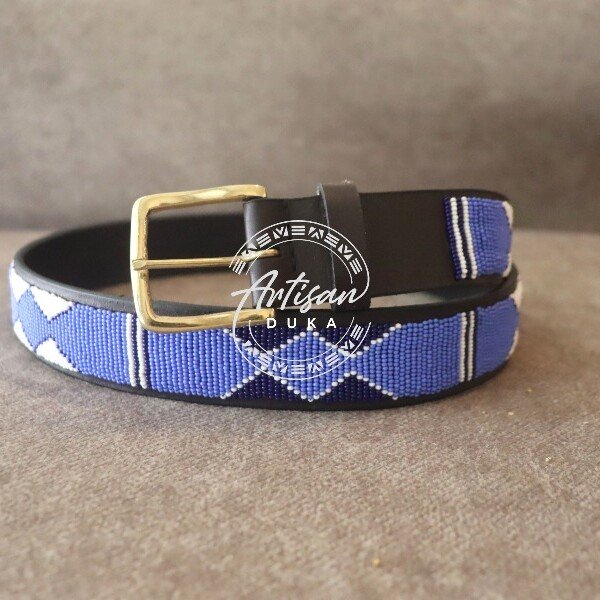 Classic Blue and White Beaded Leather Belt