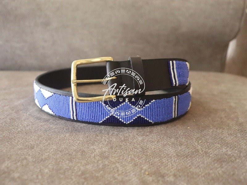 Classic Blue and White Beaded Leather Belt