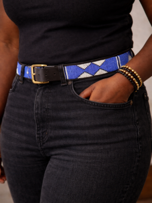 Classic Blue and White Beaded Leather Belt