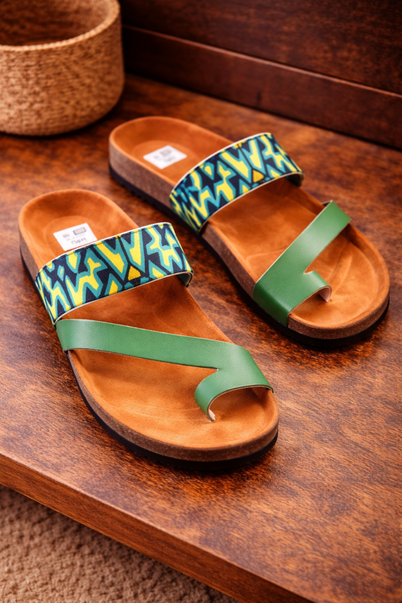 Emerald Essence Ankara Cork Sandals - Handmade African Print Slides
