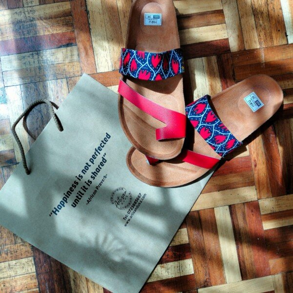 Navy Blue with Red Flames Ankara Cork Sandals - Bold Handmade African Print Slides