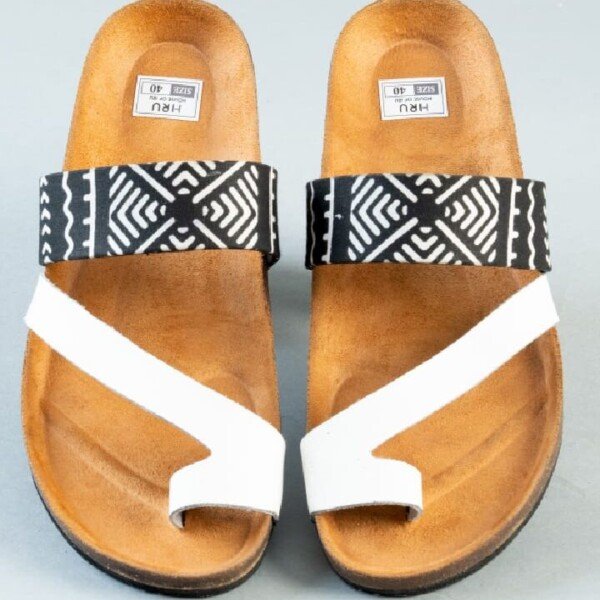 Monochrome Grace Ankara Cork Sandals - Handmade Black and White African Print Slides