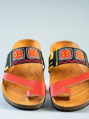 Red and Navy Blue African Print Cork Sandals - Handmade Ankara Slides Red and Navy Blue African Print Cork Sandals - Handmade Ankara Slides