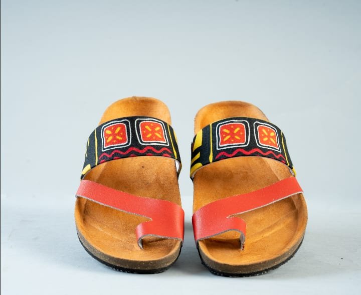 Red and Navy Blue African Print Cork Sandals - Handmade Ankara Slides