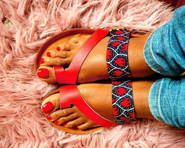 Navy Blue with Red Flames Ankara Cork Sandals - Bold Handmade African Print Slides