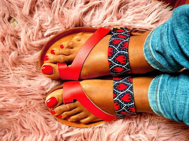 Navy Blue with Red Flames Ankara Cork Sandals - Bold Handmade African Print Slides