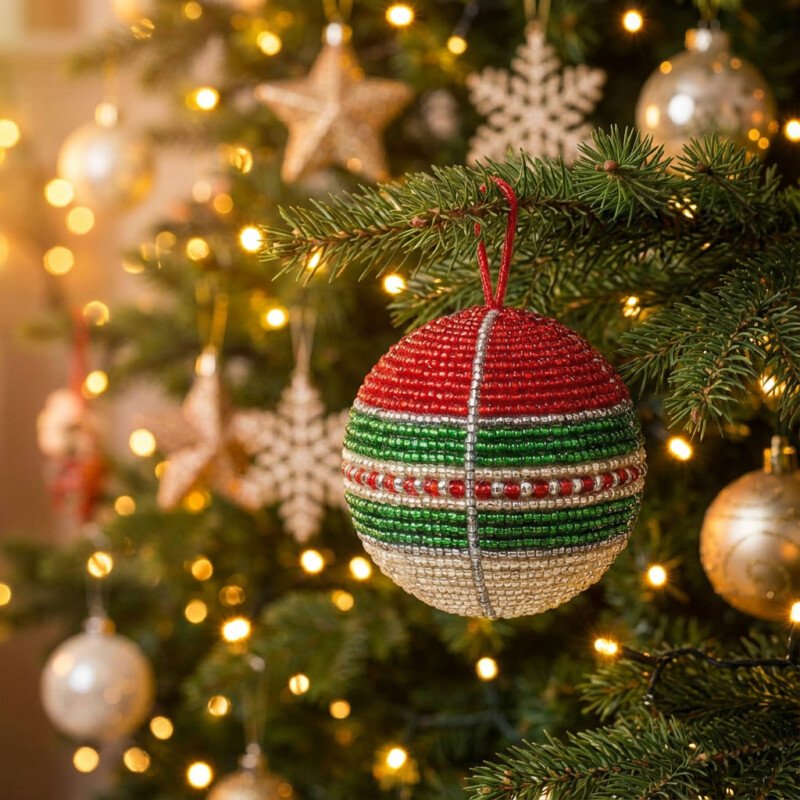 Beaded Spherical Ornament on Christmas Tree Beaded Spherical Ornament on Christmas Tree