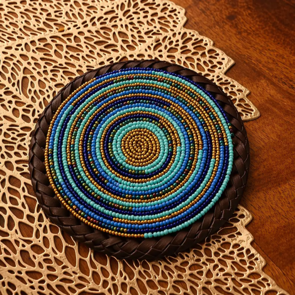 Blue Beaded Coaster - Elegant African Handcrafted Table Accent