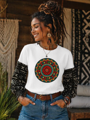Black & White Ankara Print Cotton T-Shirt - Long Sleeve