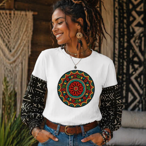 Black & White Ankara Print Cotton T-Shirt - Long Sleeve