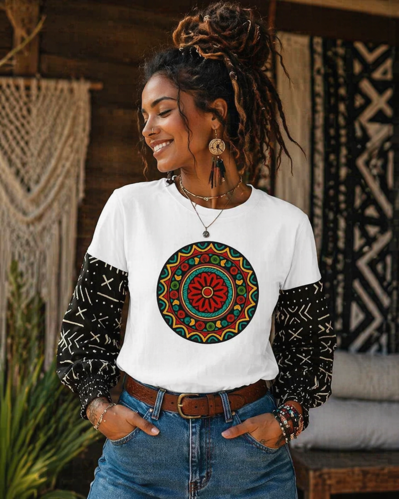 Black & White Ankara Print Cotton T-Shirt - Long Sleeve