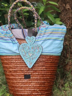 Kikoy Sisal Basket Handbag for Women - Blue Beaded Heart Design