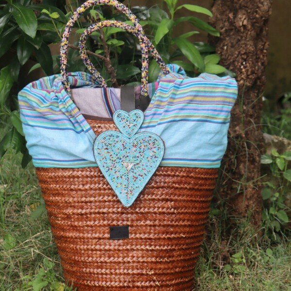 Kikoy Sisal Basket Handbag for Women - Blue Beaded Heart Design