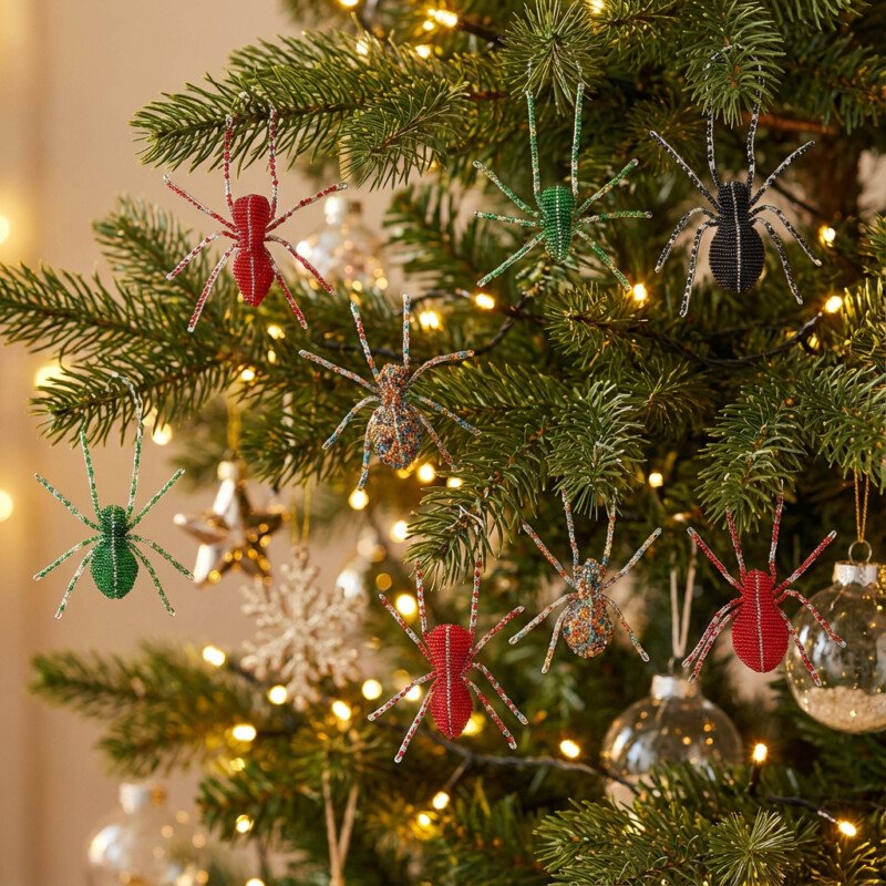 Handmade Beaded Spider Christmas Ornaments - African Beadwork Holiday Decor