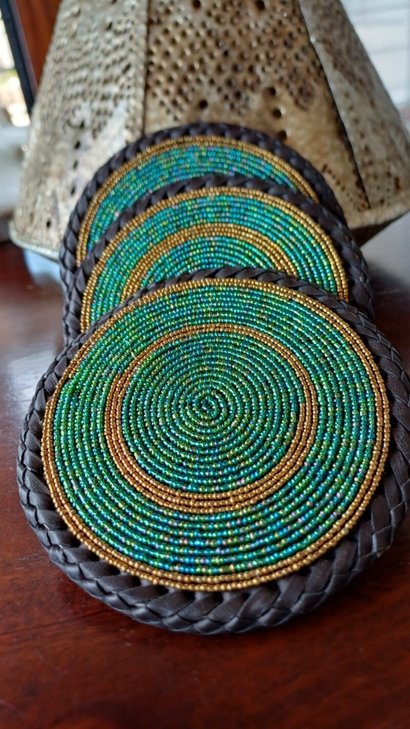Green & Gold Maasai Beaded Coasters