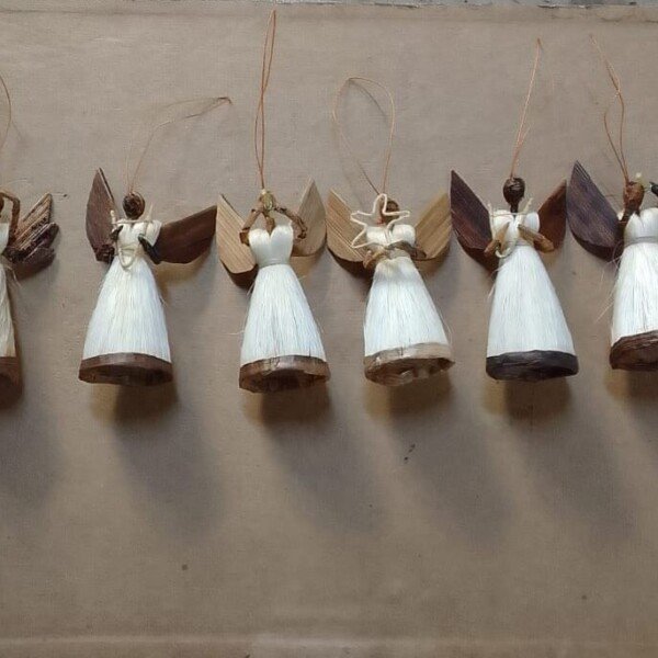Short Sisal Angel Dangles - Handmade African Christmas Ornaments