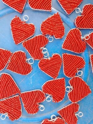 Handmade Red Beaded Heart Ornaments - African Love & Festive Decor Handmade Red Beaded Heart Ornaments - African Love & Festive Decor