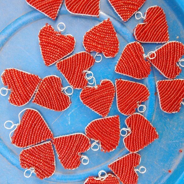 Handmade Red Beaded Heart Ornaments - African Love & Festive Decor