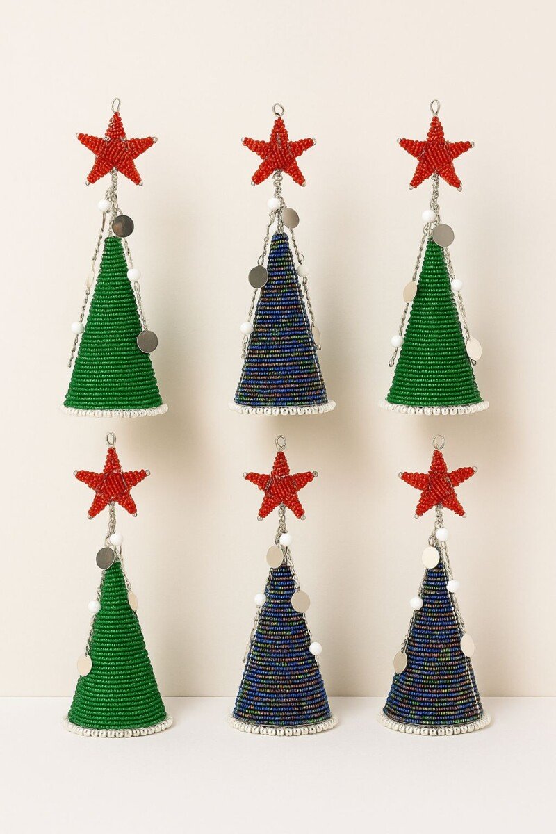 Handmade Beaded Christmas Trees with Star Top - Festive African Holiday Decor