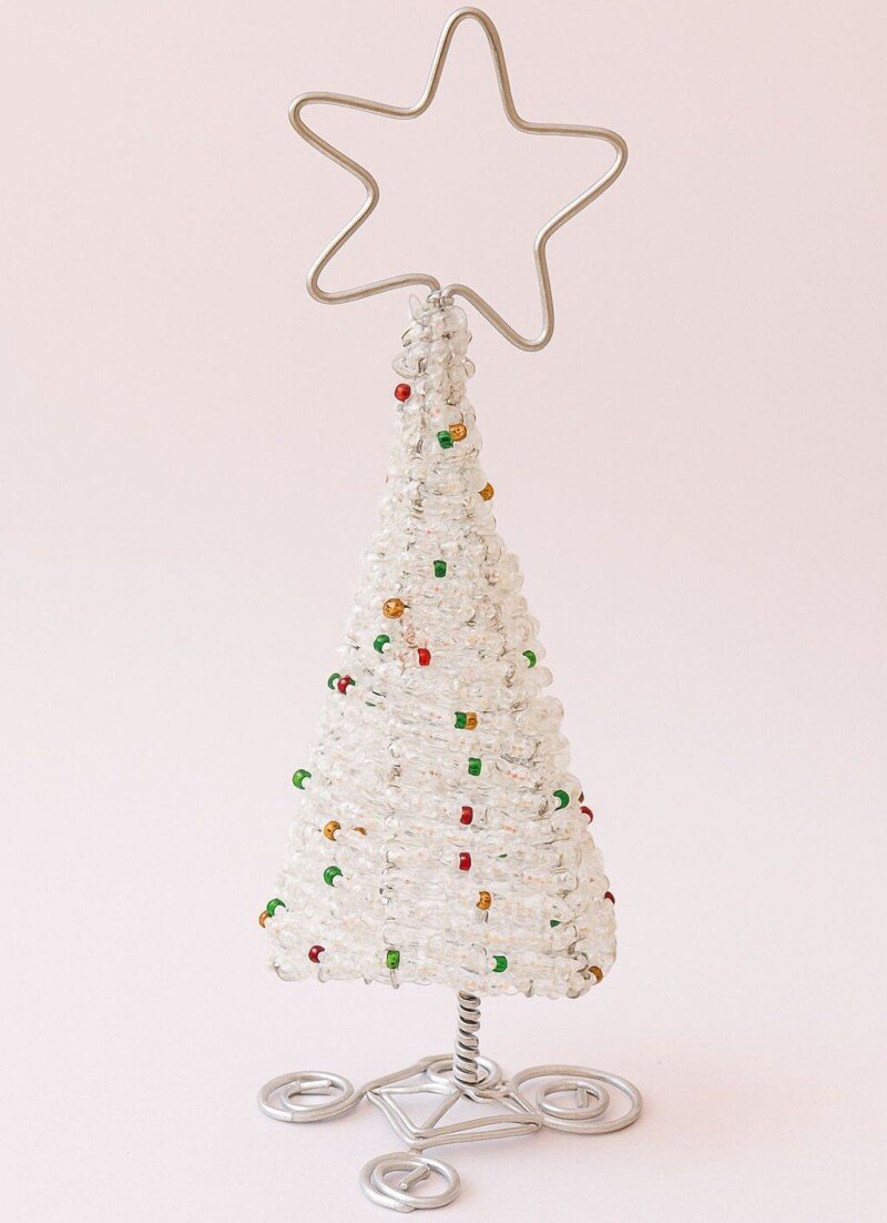 White Beaded Christmas Tree with Star Top - Handmade African Holiday Decor