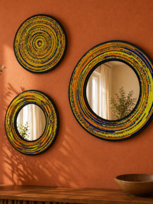Set of 2 Yellow Beaded Mirrors and Mat