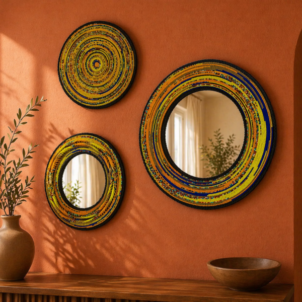 Set of 2 Yellow Beaded Mirrors and Mat