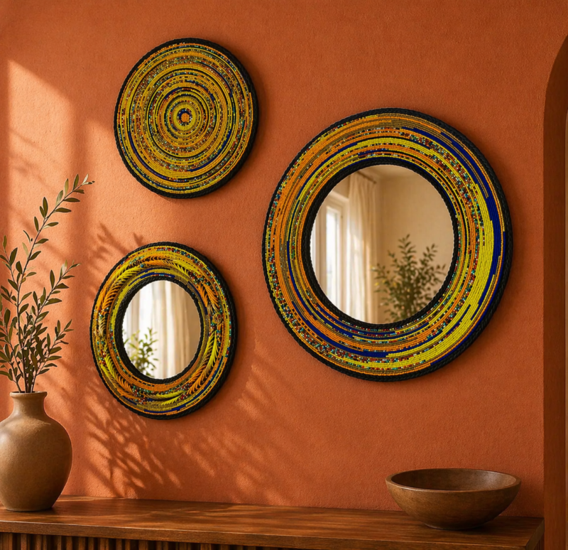Set of 2 Yellow Beaded Mirrors and Mat