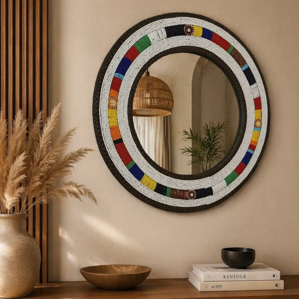 White Mixed Beads Patterned Mirror