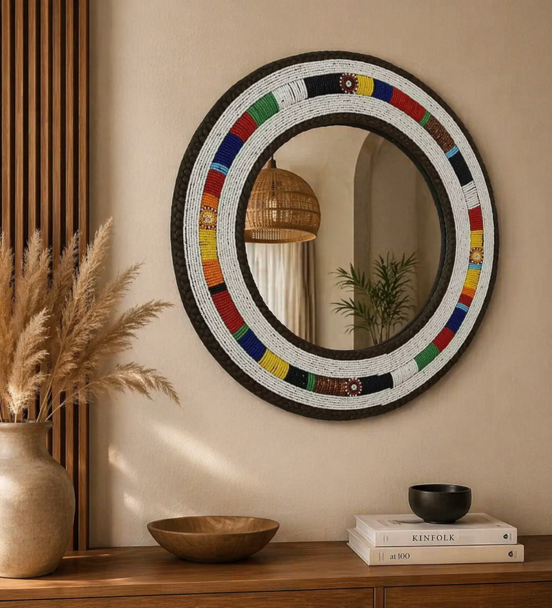 White Mixed Beads Patterned Mirror