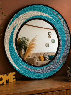 White and Blue Ocean Wave Beaded Mirror