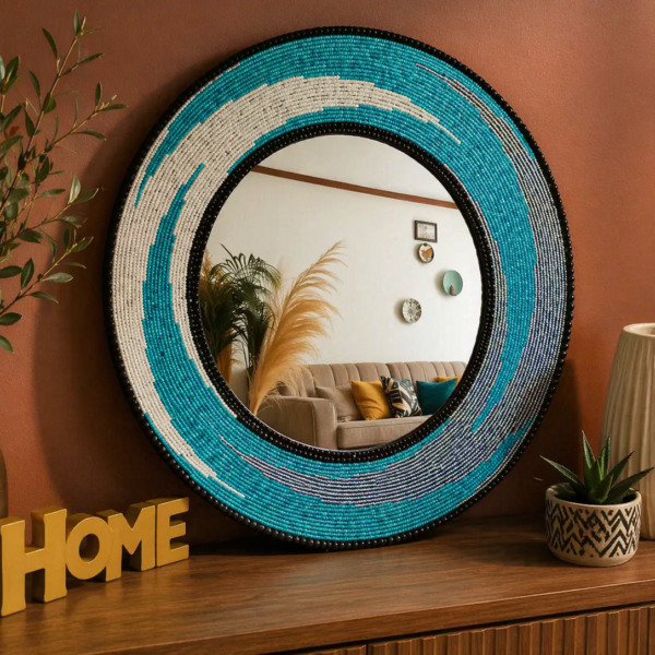 White and Blue Ocean Wave Beaded Mirror