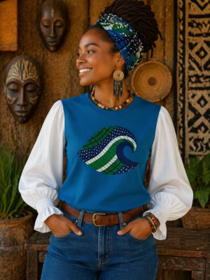 Blue Ocean Wave Cotton T-Shirt - White Long Sleeve Arms