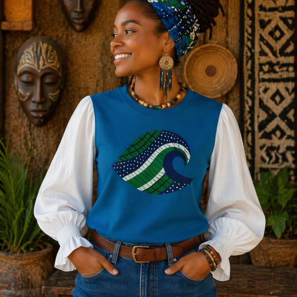Blue Ocean Wave Cotton T-Shirt - White Long Sleeve Arms