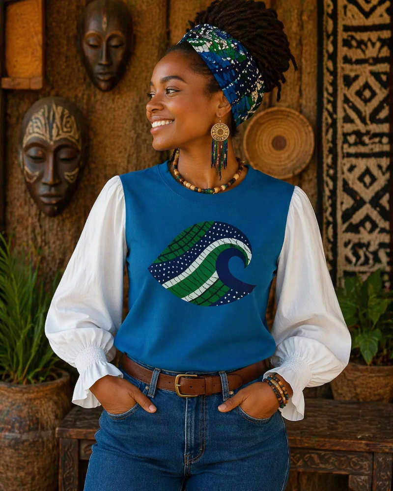 Blue Ocean Wave Cotton T-Shirt - White Long Sleeve Arms