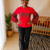 Red Ankara Pattern Long Sleeve Cotton T-Shirt - Women