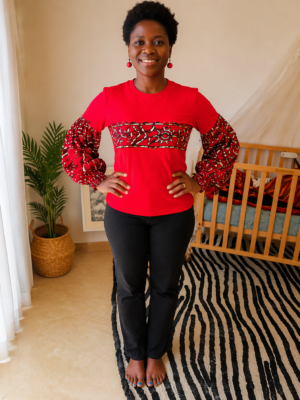 Red Ankara Pattern Long Sleeve Cotton T-Shirt - Women