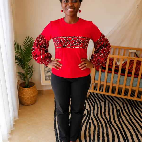 Red Ankara Pattern Long Sleeve Cotton T-Shirt - Women