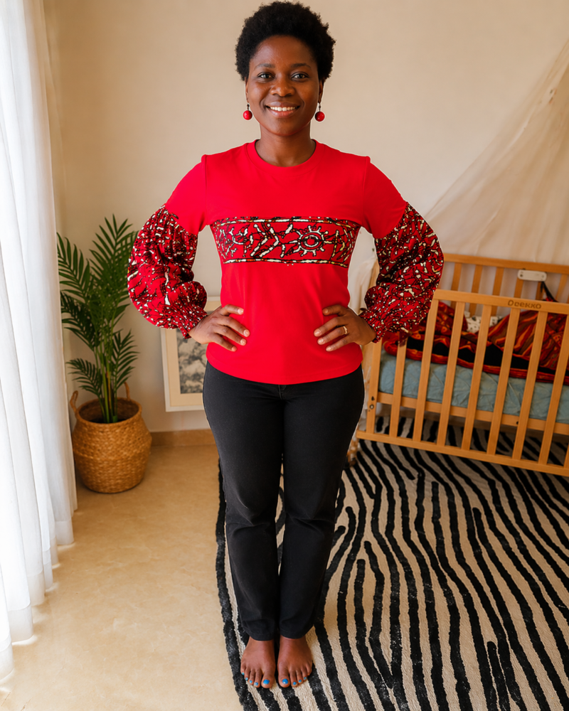 Red Ankara Pattern Long Sleeve Cotton T-Shirt - Women
