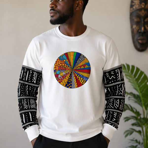 Comfortable White Cotton T-Shirt - Black Print Sleeves (Long Sleeve)