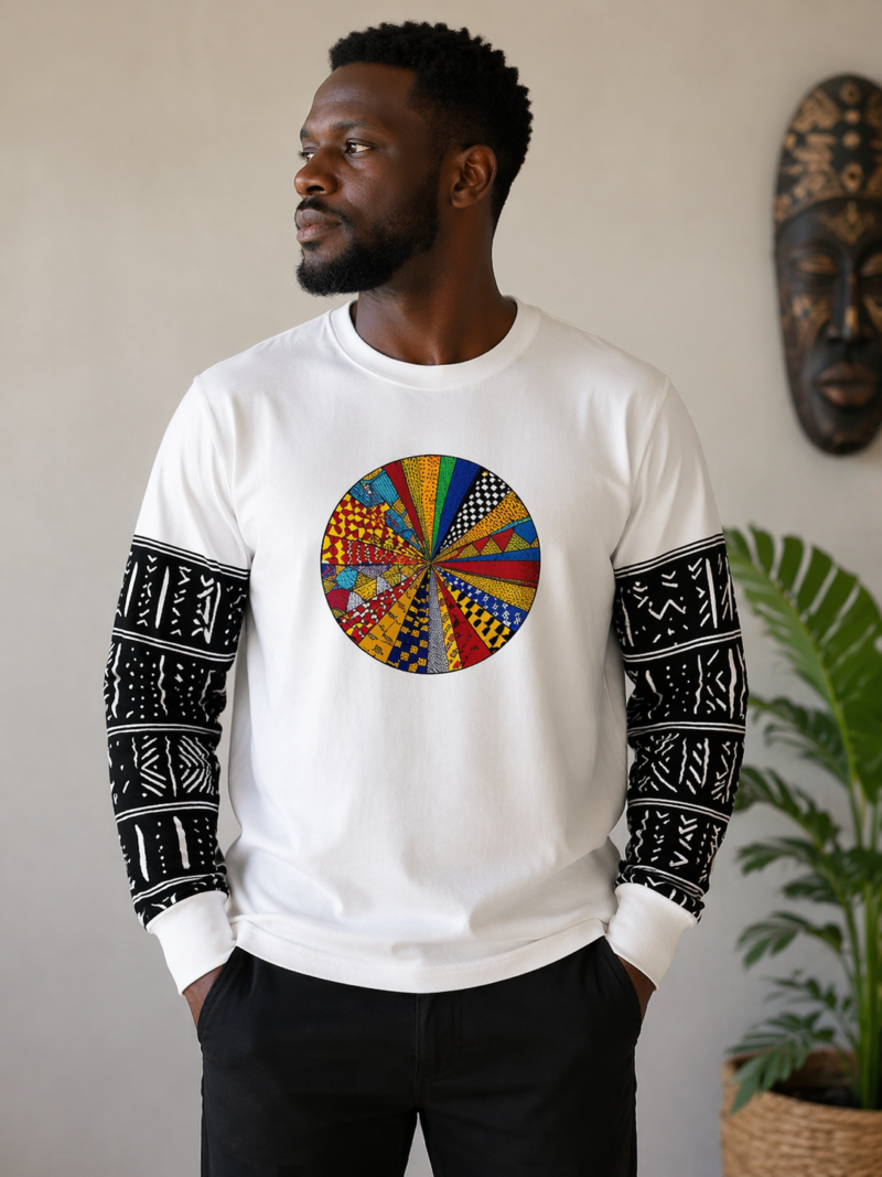 Comfortable White Cotton T-Shirt - Black Print Sleeves (Long Sleeve)