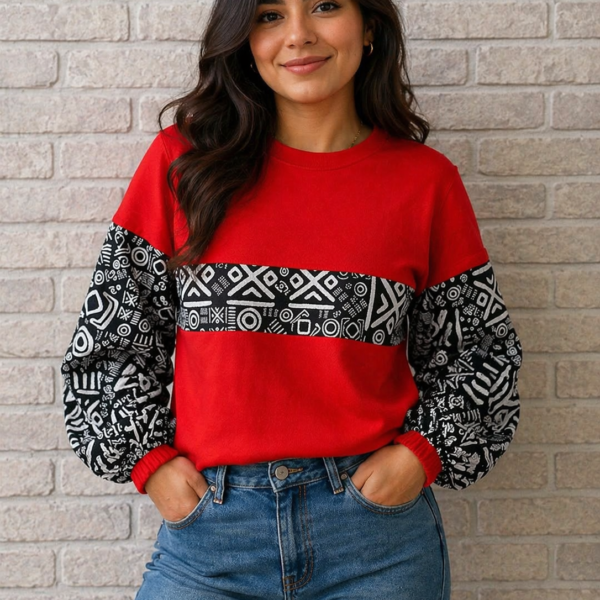 Red Ankara Long-Sleeve Cotton T-Shirt for Women