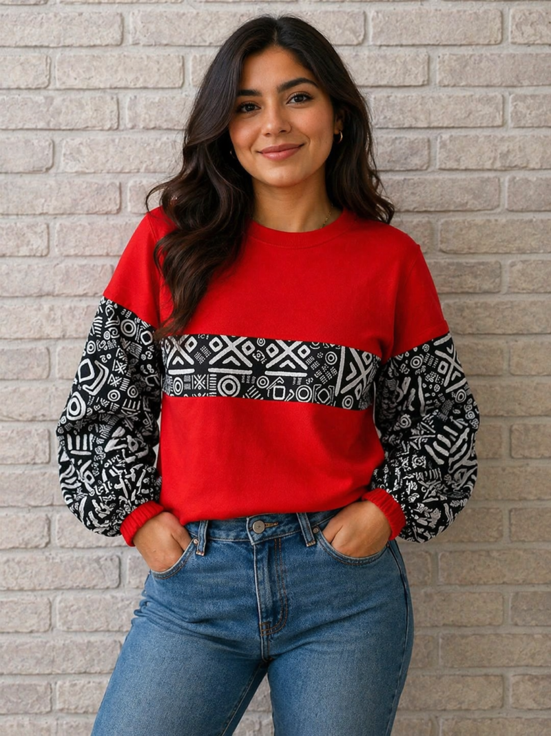 Red Ankara Long-Sleeve Cotton T-Shirt for Women