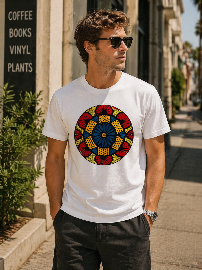 White Ankara Pattern Print Cotton T-Shirt
