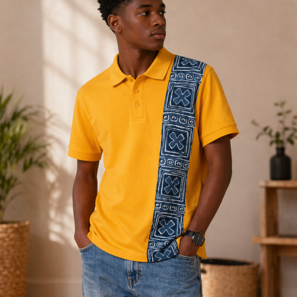 Yellow Polo Shirt with Ankara Strip