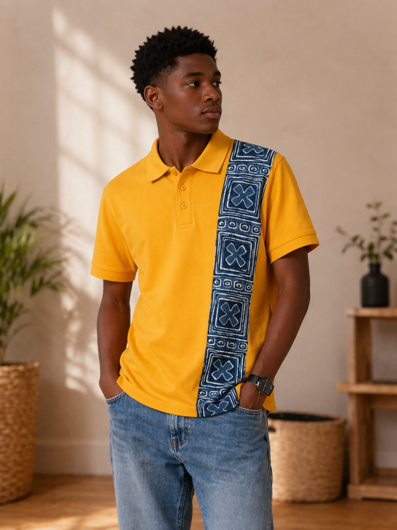 Yellow Polo Shirt with Ankara Strip