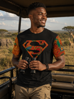 Superman Ankara Print Black Cotton T-Shirt