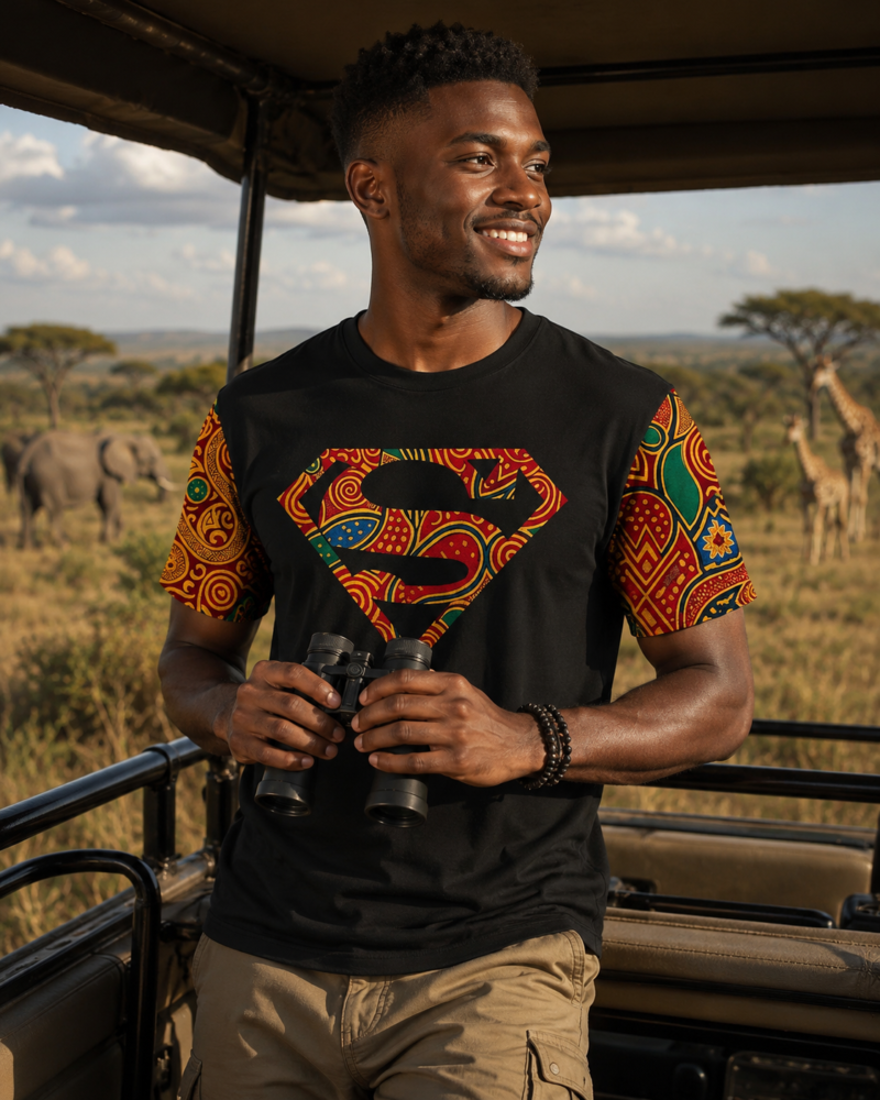 Superman Ankara Print Black Cotton T-Shirt